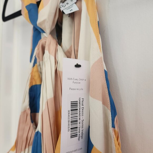 NWT Amour Vert Pleat Recycled Sateen Dress in Sonia Indigo Blue Multi - M - Picture 9 of 9